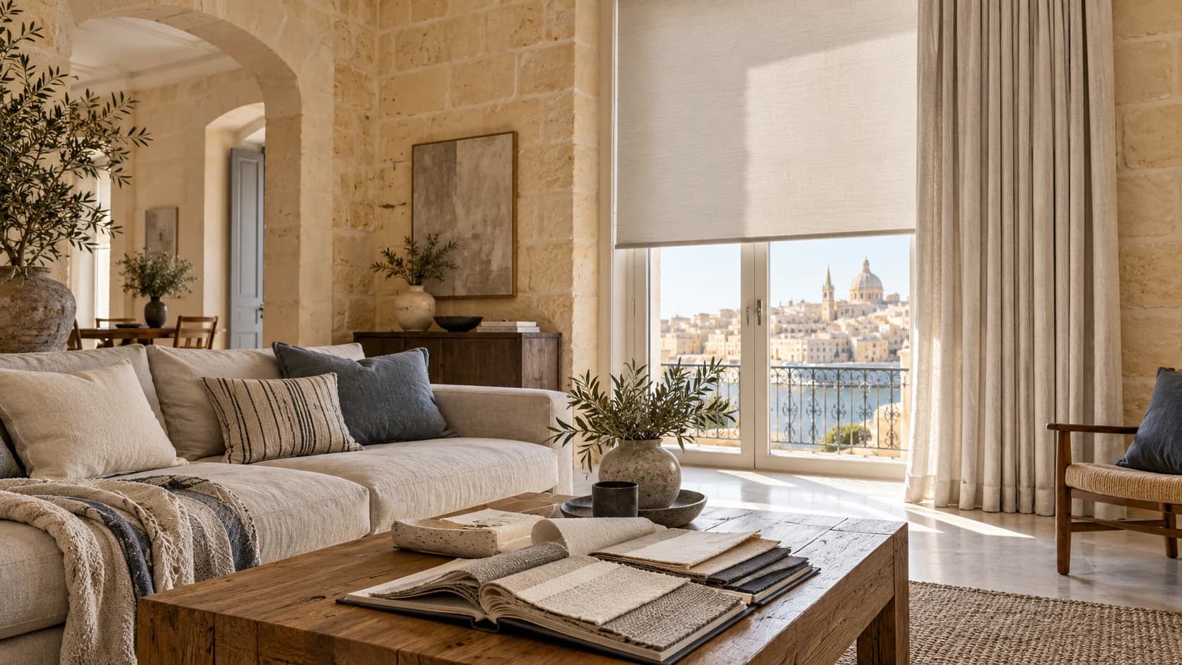 Neutral blinds and curtains beside a limestone window with a fabric sample book
